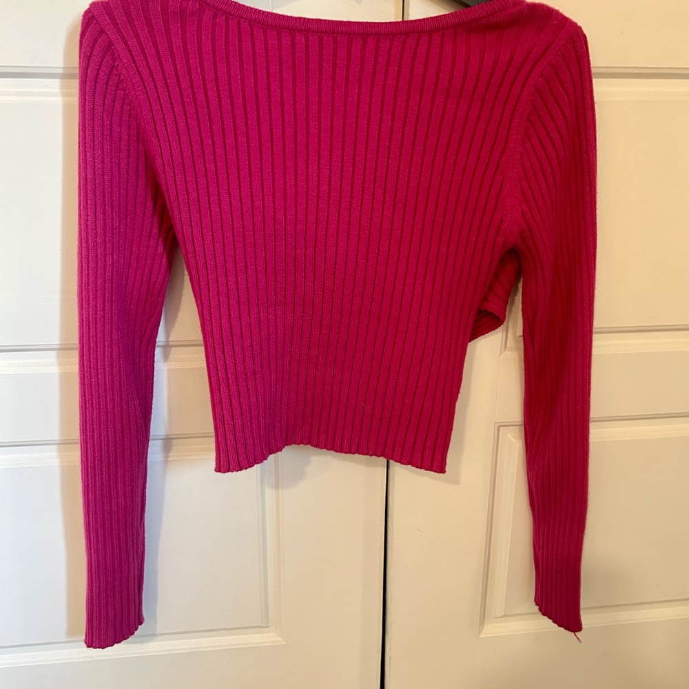 Pink Ribbed Wrap Sweater - Picture 2 of 4